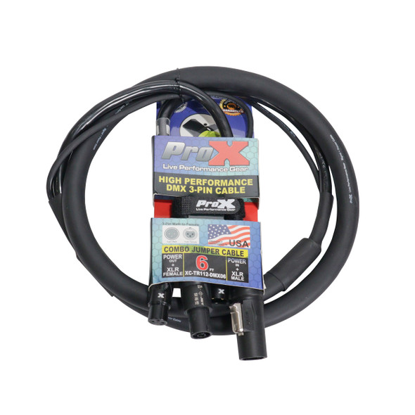 Retail-packaged ProX XC-TR112-DMX6 6 ft combo link cable featuring integrated PowerKon and 3-pin DMX connectors designed to reduce cable clutter and simplify lighting system installations.