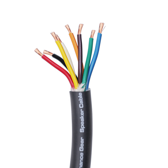 Cross-section of ProX XC-612-500 12 AWG 6-conductor speaker wire featuring hybrid OFC/CCA conductors and durable black PVC insulation.