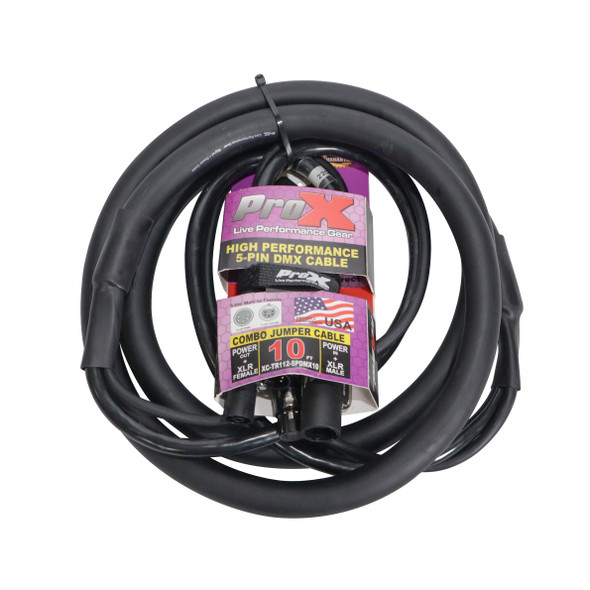 Retail-packaged ProX XC-TR112-5PDMX10 10 ft combo link cable featuring dual PowerKon and dual 5-pin DMX connectors for streamlined power and DMX signal distribution.