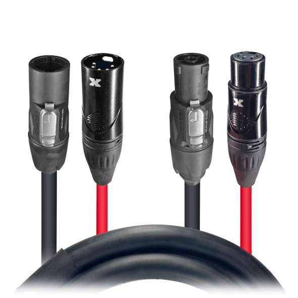 ProX XC-TR112-5PDMX10 10 ft dual PowerKon to dual 5-pin DMX combo link cable combining power and DMX control signals in a single cable for professional lighting and production systems.