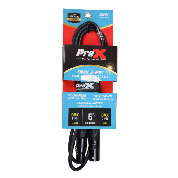 ProX XC-DMX05 packaged 3-pin DMX cable designed for stage lighting, mobile DJ systems, and DMX controller connections.