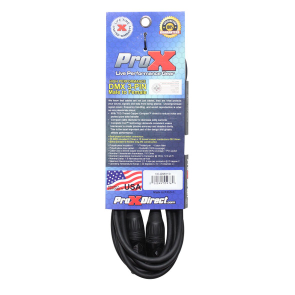 ProX XC-DMX05 packaged 5 ft DMX male to female cable with durable connectors for lighting controllers, fixtures, and DMX data transmission.