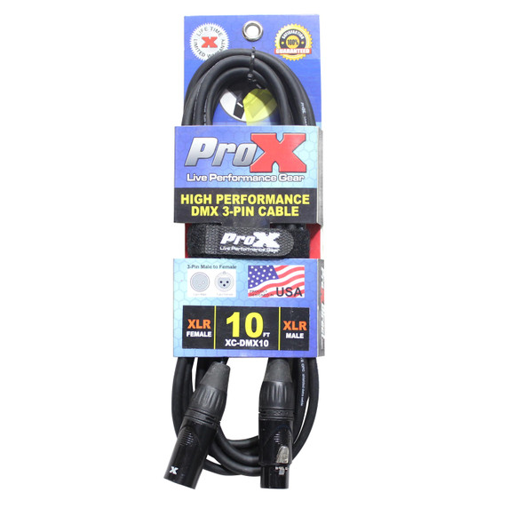 Retail packaging of the ProX XC-DMX05 5 ft 3-pin DMX cable designed for professional lighting control, stage production, and DMX networking applications.