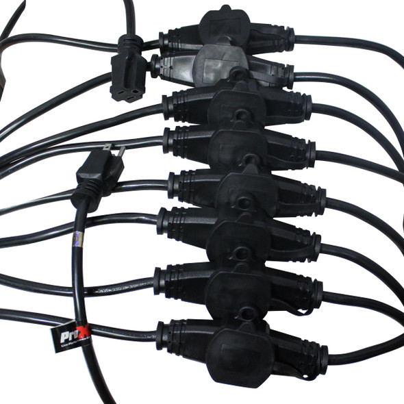 Rear view of the nine-outlet Edison power distribution assembly on the ProX XC-MEP14-529 extension cable.