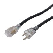 Close-up of NEMA 5-15P male plug and 3-outlet female extension connector on ProX XC-P121-50 50ft 12 AWG power extension cord.