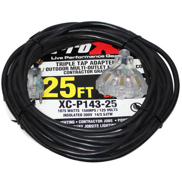 ProX XC-P143-25 25ft heavy-duty power extension cord with 14 AWG oxygen-free copper conductors, flexible PVC jacket, and three female power outlets.