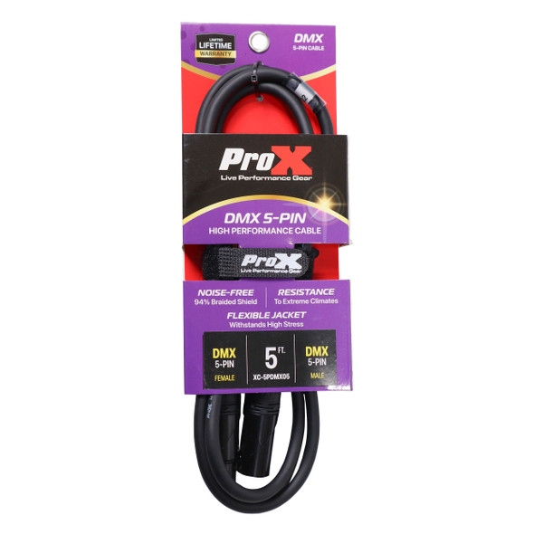 ProX XC-5PDMX03 professional 3ft 5-pin DMX512 cable retail packaging