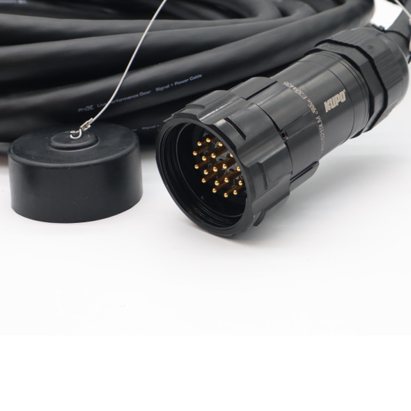Close-up of 19-pin stage power connectors with gold-plated contacts and rugged strain relief