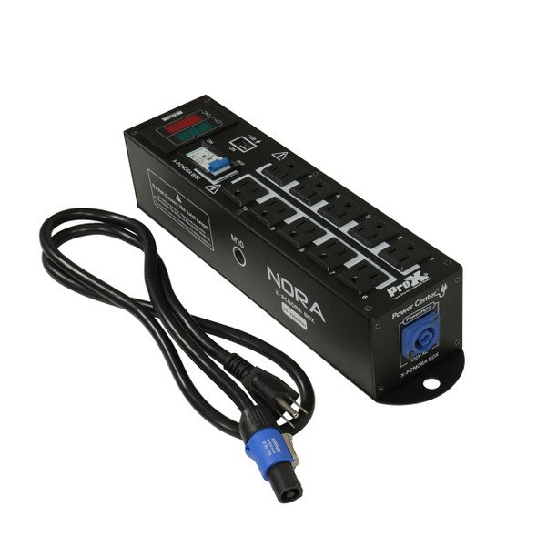 ProX NORA 10-outlet power distribution box with powerCON input, surge protection, and included power cable