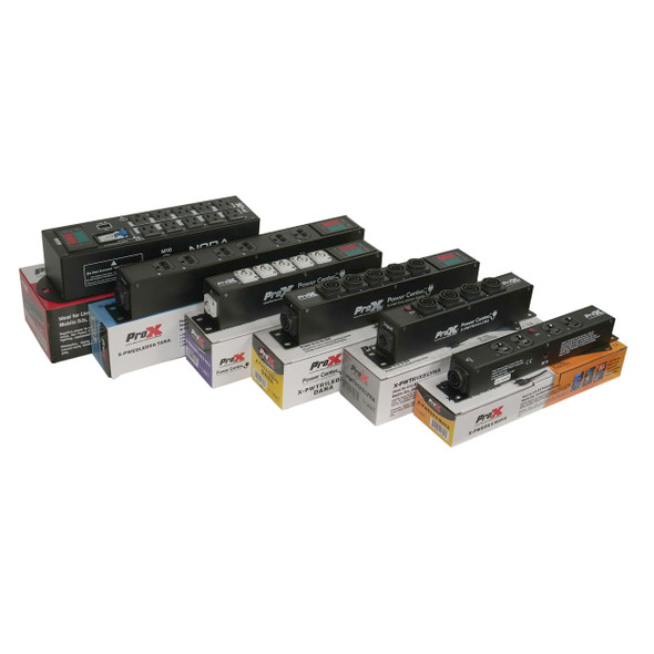 ProX X-PWEDX4MAYA power distribution box with four numbered Edison outlets and powerCON TRUE1 connectivity