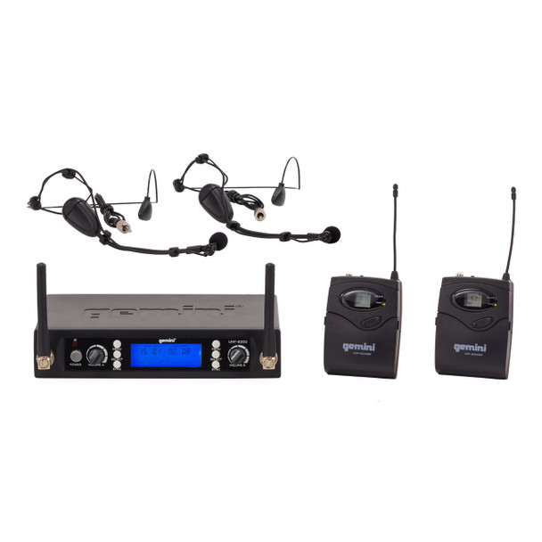 Gemini UHF-6200HL Dual Channel Wireless PLL System, Includes UHF Receiver, 2x Beltpack Transmitter and 2x Headset Lavalier Microphone