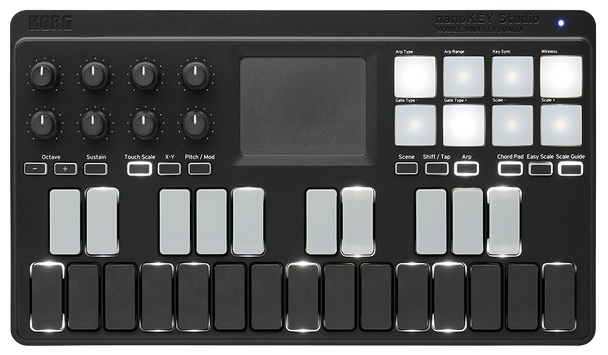 KORG Bluetooth and USB MIDI Keyboard Controller with 25 Backlit Keys, 8 Backlit Pads, 8 Encoders and Kaoss Note and CC Entry Side View.