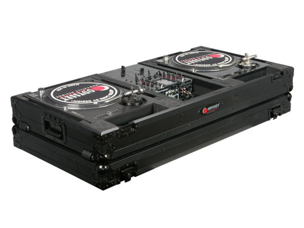 ODYSSEY FZBM10WBL BLACK LABEL™ DJ COFFIN W/WHLS FOR 2 TURNTABLES IN BATTLE POSITION & A 10" FORMAT DJ MIXER