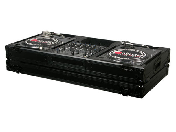 ODYSSEY FZBM12WBL BLACK LABEL™ DJ COFFIN W/WHLS FOR 2 TURNTABLES IN BATTLE POSITION & A 12" FORMAT DJ MIXER