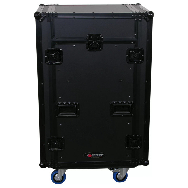 ODYSSEY Deluxe Black 11U Top Slanted 16U Bottom Vertical Pro Combo Rack with Casters, Side Table, and Glide Platform