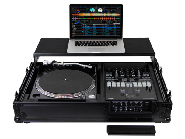 ODYSSEY FZGS1BM10WBL NEW BLACK LABEL™ LOW PROFILE (1-TEIR) GLIDE STYLE™ DJ COFFIN W/WHLS FOR A 10" FORMAT DJ MIXER & ONE TURNTABLE IN BATTLE POSITION