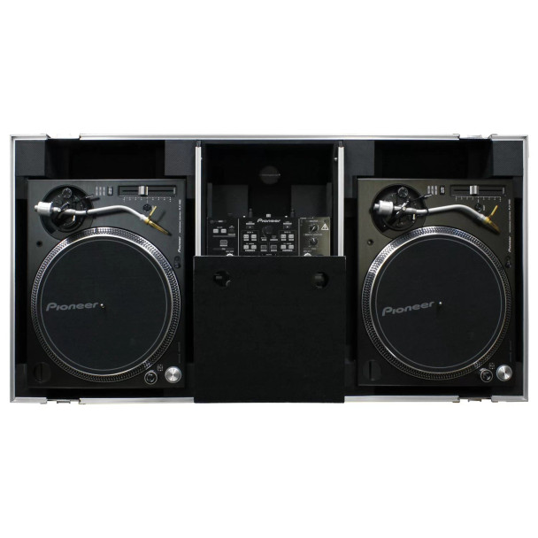 ODYSSEY Low Profile 10″ Format DJ Mixer and Two Battle Position Turntables Flight Coffin Case with Wheels and Glide Platform