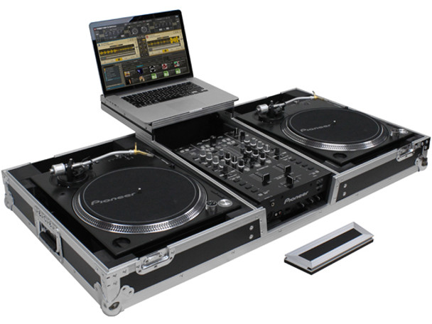 ODYSSEY FZGSLBM10WR BLACK LABEL™ LOW PROFILE (1-TEIR) GLIDE STYLE™ DJ COFFIN W/WHLS FOR A 10" FORMAT DJ MIXER & TWO TURNTABLES IN BATTLE POSITION