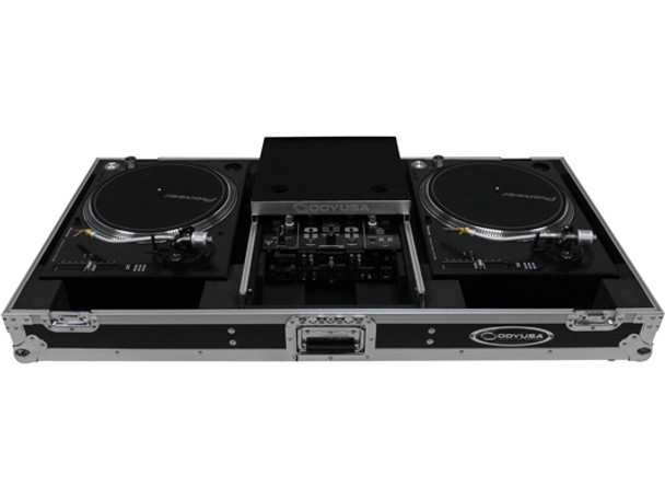 ODYSSEY FZGSLBM10WR BLACK LABEL™ LOW PROFILE (1-TEIR) GLIDE STYLE™ DJ COFFIN W/WHLS FOR A 10" FORMAT DJ MIXER & TWO TURNTABLES IN BATTLE POSITION