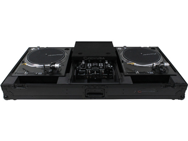 ODYSSEY FZGSLBM10WRBL BLACK LABEL™ LOW PROFILE (1-TEIR) GLIDE STYLE™ DJ COFFIN W/WHLS FOR A 10" FORMAT DJ MIXER & TWO TURNTABLES IN BATTLE POSITION