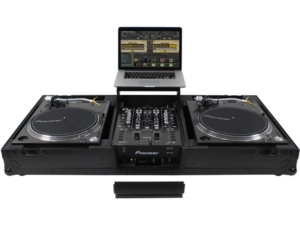 ODYSSEY FZGSLBM10WRBL BLACK LABEL™ LOW PROFILE (1-TEIR) GLIDE STYLE™ DJ COFFIN W/WHLS FOR A 10" FORMAT DJ MIXER & TWO TURNTABLES IN BATTLE POSITION