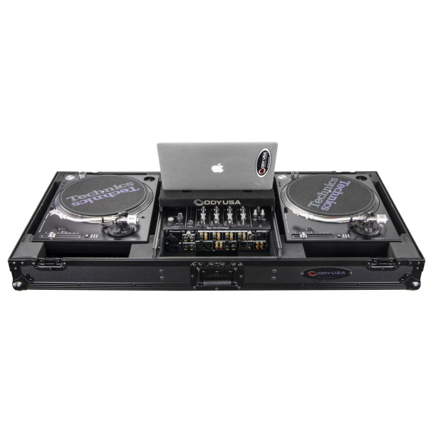 ODYSSEY Black Low Profile 12″ Format DJ Mixer and Two Battle Position Turntables Flight Coffin Case with Wheels and Glide Platform