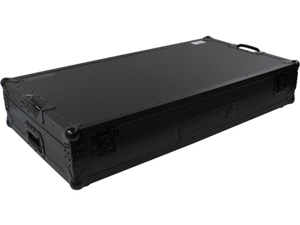 ODYSSEY FZGSLBM12WRBL BLACK LABEL™ LOW PROFILE (1-TEIR) GLIDE STYLE™ DJ COFFIN W/WHLS FOR A 12" FORMAT DJ MIXER & TWO TURNTABLES IN BATTLE POSITION