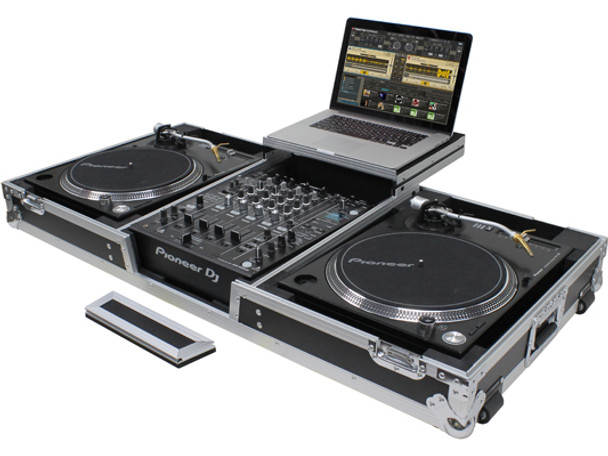 ODYSSEY FZGSLBM12WR LOW PROFILE (1-TIER) GLIDE STYLE™ DJ COFFIN W/WHLS FOR A 12" FORMAT DJ MIXER & TWO TURNTABLES IN BATTLE POSITION