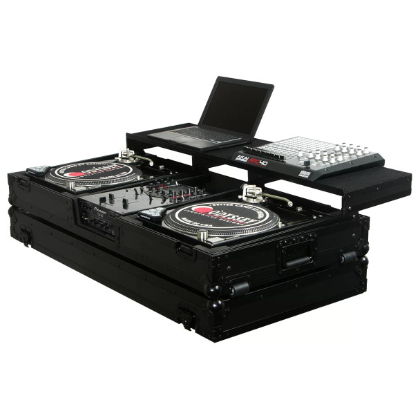 ODYSSEY Universal Black 10″ Format DJ Mixer and Two Battle Position Turntables Flight Coffin Case with Full Glide Platform