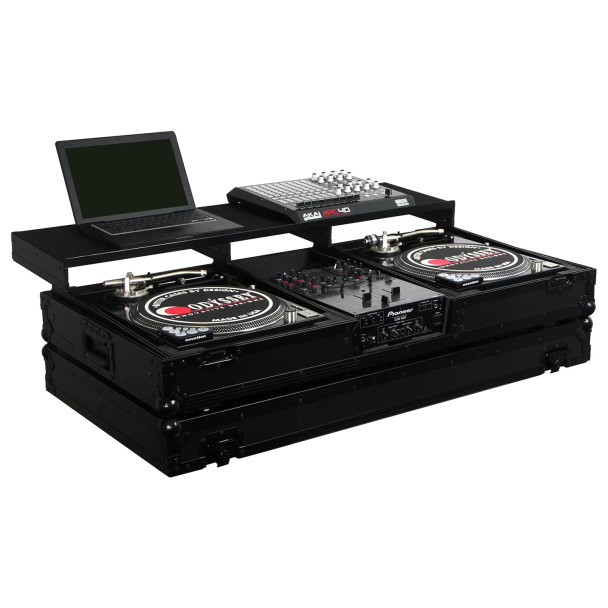 ODYSSEY Universal Black 10″ Format DJ Mixer and Two Battle Position Turntables Flight Coffin Case with Full Glide Platform