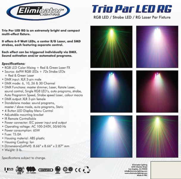 Eliminator Trio Par LED RG - 3 in 1 effect, Laser, Strobe and Wash