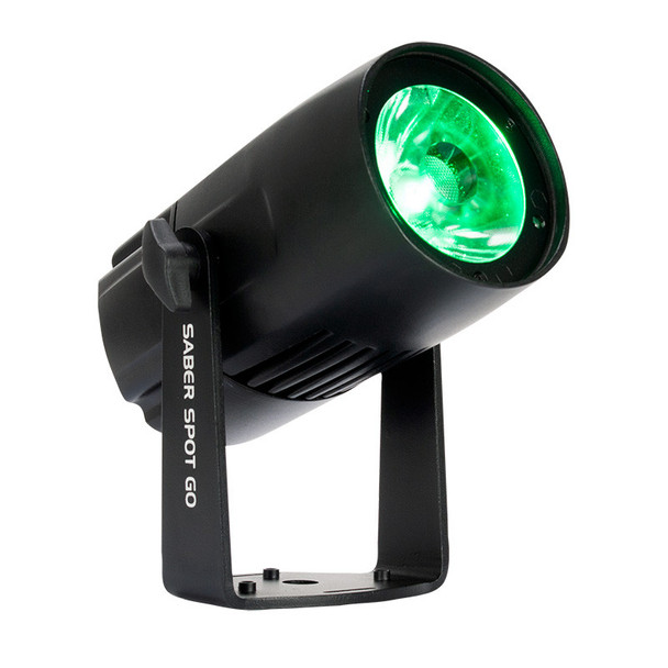 ADJ SABER SPOT GO - Battery powered, compact Pinspot with smooth RGBW color mixing from one 15W 4-in-1 Quad LED.