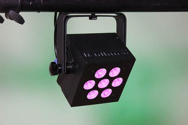 Blizzard Lighting HOTBOX RGBA - 7x 10-watt RGBA Quad-Color (4-in-1) LEDs  with 5 user selectable 32-bit dimming curves. 3/4/5/8/9-ch DMX, built-in programs, 4-button LED control panel, dimmer, strobe, sound active, & powerCON compatible AC In/Out.