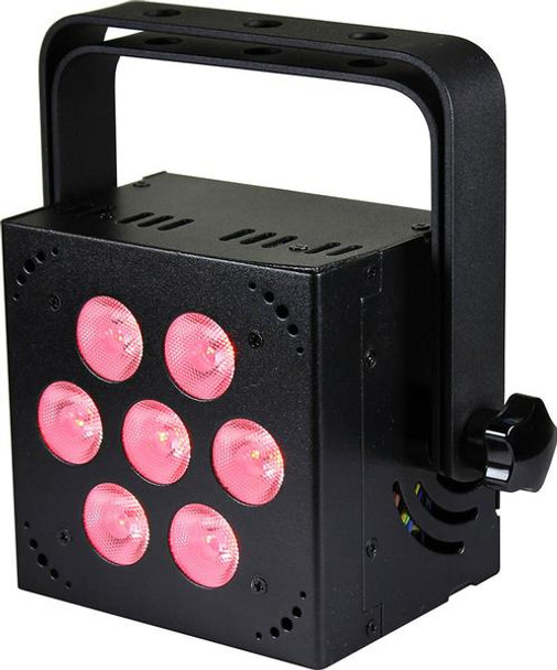 Blizzard Lighting HotBox RGBW - 7x 10-watt RGBW Quad-Color (4-in-1) LEDs  with 5 user selectable 32-bit dimming curves. 3/4/5/8/9-ch DMX, built-in programs, 4-button LED control panel, dimmer, strobe, sound active, & powerCON compatible AC In/Out. A