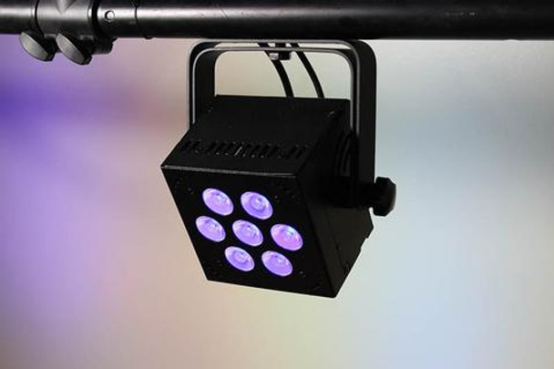 Blizzard Lighting HotBox RGBW - 7x 10-watt RGBW Quad-Color (4-in-1) LEDs  with 5 user selectable 32-bit dimming curves. 3/4/5/8/9-ch DMX, built-in programs, 4-button LED control panel, dimmer, strobe, sound active, & powerCON compatible AC In/Out. A