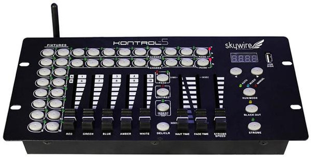 Blizzard Lighting KONTROL 5 SKYWIRE - 10-channel, 5 fader DMX controller with built-in 2.4 GHz wireless DMX transmitter. 16 fixture selection buttons, 8 preset buttons (up to 16), and 8 chase buttons (set up 16 different presets).