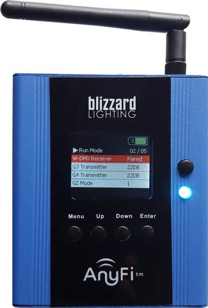 Blizzard Lighting LIGHTCASTER ANYFI - 2.4 GHz DMX wireless DMX transceiver unit that supports W-DMX protocol and Skywire 6/7 frequency group channels. Features 4-button LCD control panel.