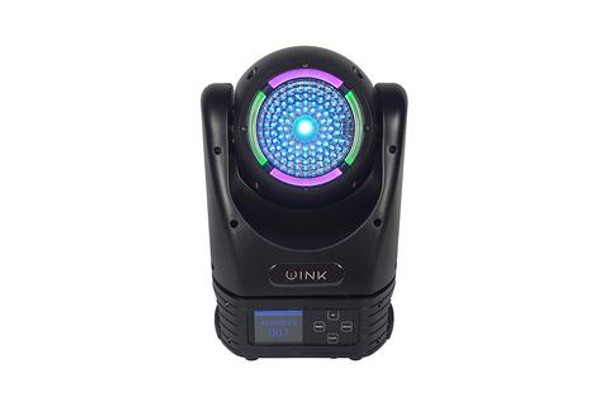 Blizzard Lighting WINK - Moving head with a 60W RGBW LED and 5-45° motorized zoom, plus an LED ring with 8x 0.5W RGB LEDs. Features 540/270° pan & tilt, infinite pan/tilt, auto, sound active, color presets, TFT LCD display, 3-pin DMX In/Out, powerCON