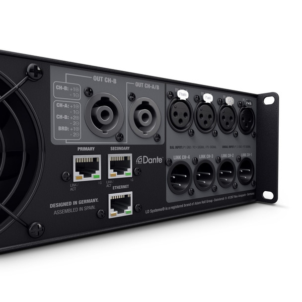 LD Systems LDS-DSP44K - DSP Power Amplifier, 4 Channels x 1200w @4 Ohms, 70V operation, with DANTE