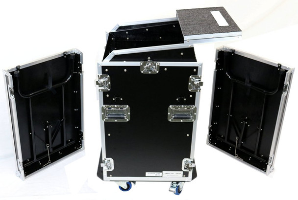 DeeJay LED 11 RU Slant Mixer Rack / 16 RU Vertical Rack System Combo Case with Caster Board, Two Tables, and 17" Laptop Shelf 