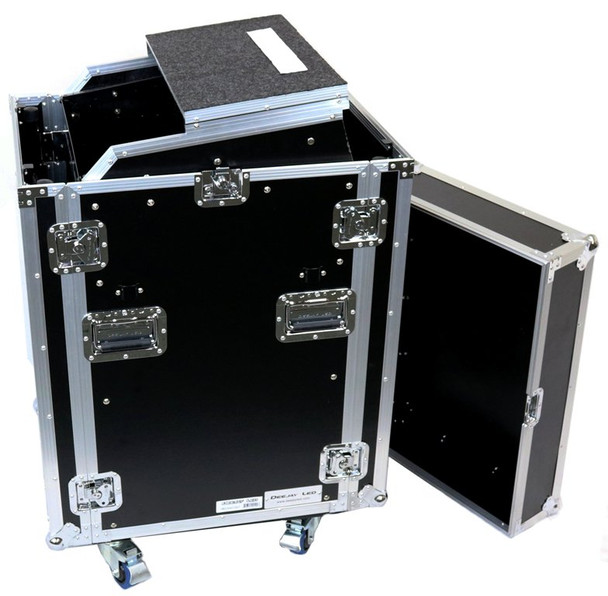 DeeJay LED 11 RU Slant Mixer Rack / 16 RU Vertical Rack System Combo Case with Caster Board, Two Tables, and 17" Laptop Shelf 
