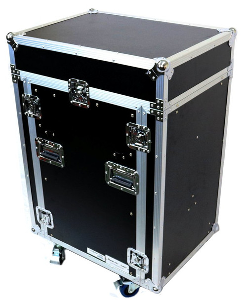 DeeJay LED 11 RU Slant Mixer Rack / 16 RU Vertical Rack System Combo Case with Caster Board, Two Tables, and 17" Laptop Shelf 