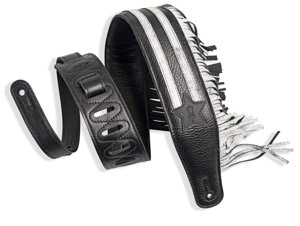 Levy's Leathers 2 1/2 inch Wide Garment Leather Guitar Strap in Black with Distressed White Leather Stripes and Black Star.  White Distreseed Fringe On Left Side of Strap with Loop and Ladder Adjustment. 37 to 51 inches.