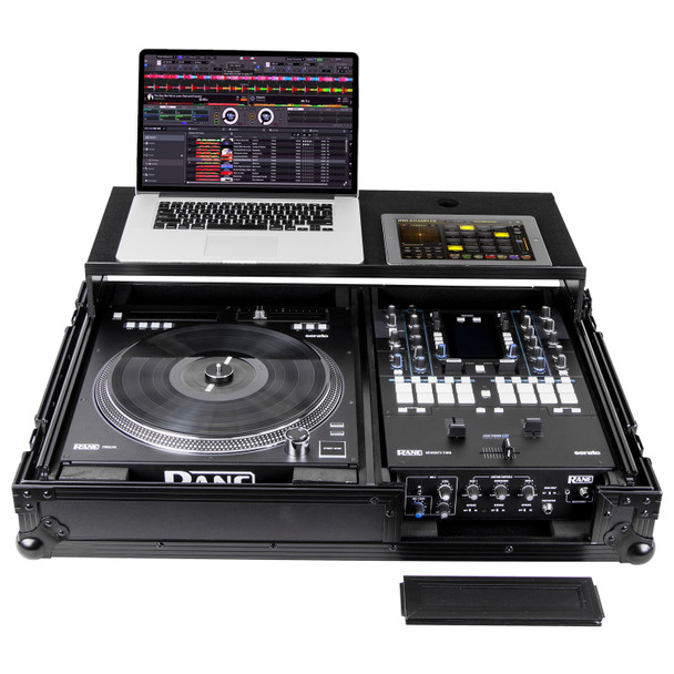 Odyssey FZGS1RA1272WBL BLACK LABEL SERIES COMPACT SYSTEM GLIDE STYLE DJ COFFIN WITH WHEELS FOR A RANE SEVENTY / SEVENTY-TWO MIXER AND ONE RANE TWELVE TURNTABLE CONTROLLER - Supports GSA angle panels