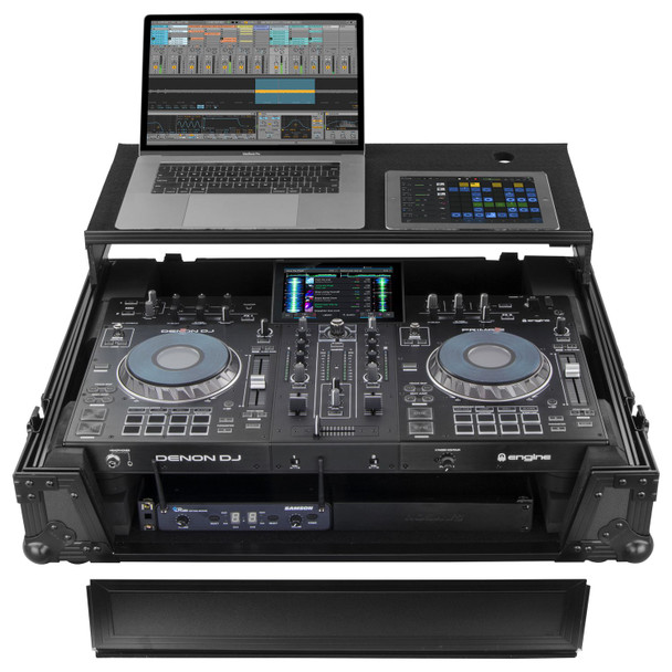 Odyssey FZGSPRIME2BL BLACK LABEL DENON PRIME 2 DJ CONTROLLER GLIDE STYLE CASE WITH 19" 1U BOTTOM RACK