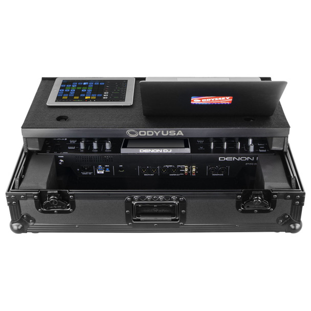 Odyssey FZGSPRIME2BL BLACK LABEL DENON PRIME 2 DJ CONTROLLER GLIDE STYLE CASE WITH 19" 1U BOTTOM RACK