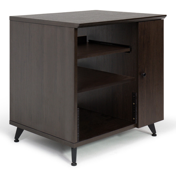 Gator Cases GFW-ELITESIDECAR-BRN Elite Furniture Series Rolling Rack Sidecar Cabinet in Dark Walnut Brown Finish with Configurable Rack Space & Shelving