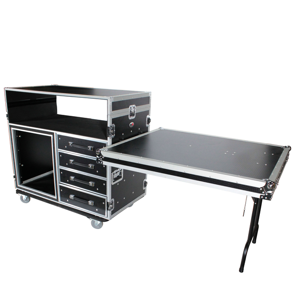 ProX XS-12U4DTW 12U Shockproof Workstation Case with Dual Side Table and Drawers 24 In Rail to Rail 