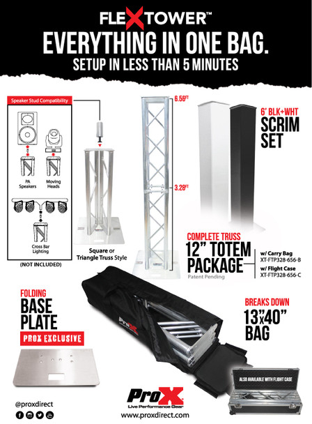 ProX XT-FTP328-656-B Flex Tower Platform Package 3.28ft or 6.56ft Incl. 4x 3.28ft I-Beam, BLK & White Scrims, Speaker Stud, 12x12" & 24x24" Fodling Base plate, Carrying Bag