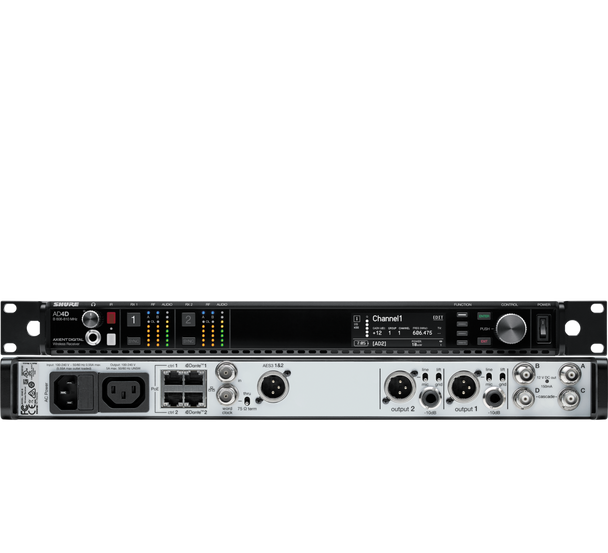 Shure AD4DNP=-B Dual-channel receiver. Includes locking power and jumper cables rackmount kit and user guide.